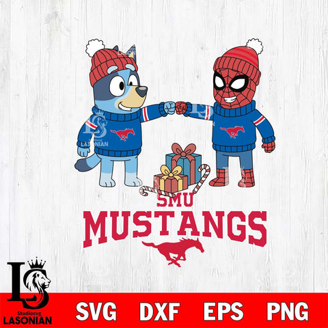 SMU Mustangs Bluey With Spider man Christmas File Cut, NCAA SVG DXF EPS PNG FILE, Digital Download,Instant Download, Silhouette