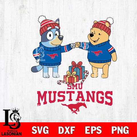 SMU Mustangs Bluey With Winnie The Pooh Christmas File Cut, NCAA SVG DXF EPS PNG FILE, Digital Download,Instant Download, Silhouette