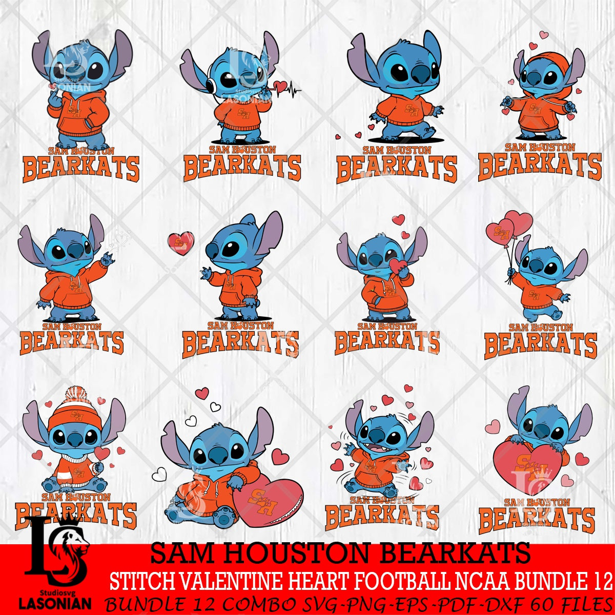 Sam Houston Bearkats Stitch Valentine Heart Football NCAA Bundle File ...