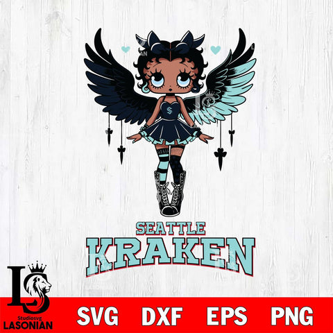 Seattle Kraken Anglel Black Fan Girl Betty Boop, Svg Eps Dxf Png File, Digital Download