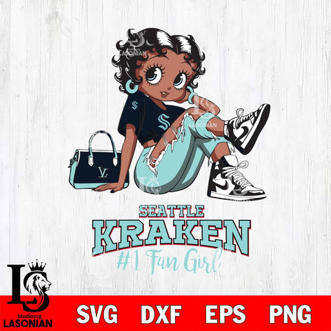 Seattle Kraken #1 Black Fan Girl Betty Boop, Svg Eps Dxf Png File, Digital Download
