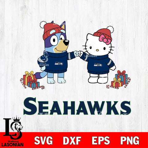 Seattle Seahawks Bluey With Hello kitty Christmas Cricut,Christmas SVG DXF EPS PNG FILE, Digital Download,Instant Download, Silhouette
