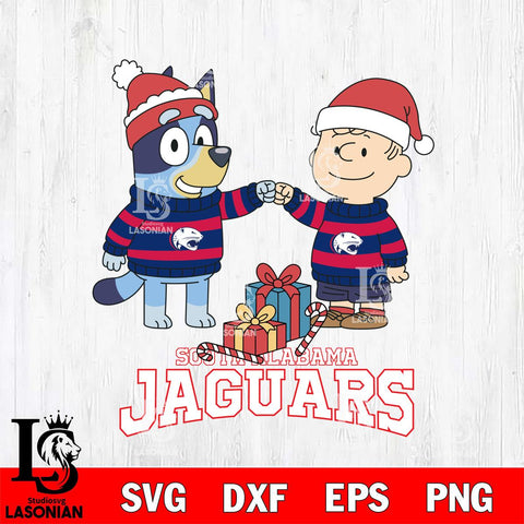South Alabama Jaguars Bluey With Charlie Brown Christmas File Cut, NCAA SVG DXF EPS PNG FILE, Digital Download,Instant Download, Silhouette