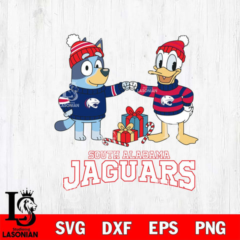 South Alabama Jaguars Bluey With Donald Duck Christmas File Cut, NCAA SVG DXF EPS PNG FILE, Digital Download,Instant Download, Silhouette