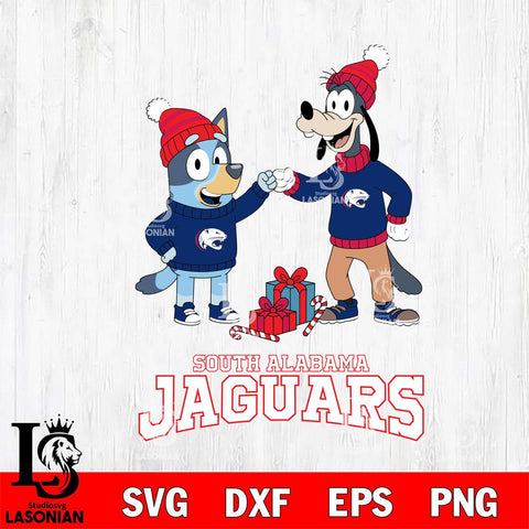 South Alabama Jaguars Bluey With Goofy Christmas File Cut, NCAA SVG DXF EPS PNG FILE, Digital Download,Instant Download, Silhouette