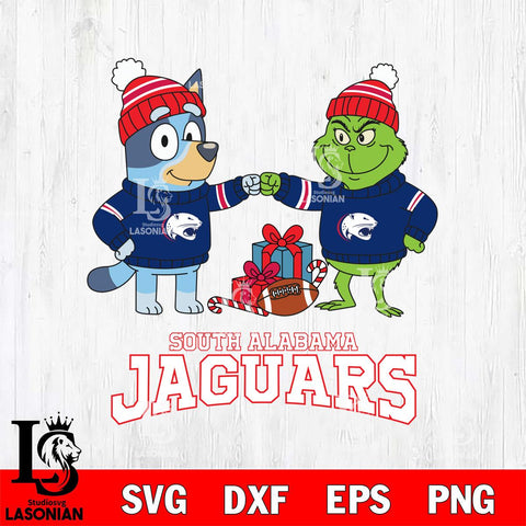 South Alabama Jaguars Bluey With Grinch Christmas File Cut, NCAA SVG DXF EPS PNG FILE, Digital Download,Instant Download, Silhouette