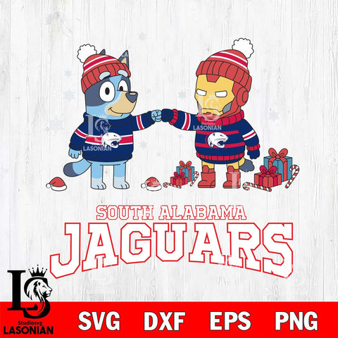 South Alabama Jaguars Bluey With Iron man Christmas File Cut, NCAA SVG DXF EPS PNG FILE, Digital Download,Instant Download, Silhouette