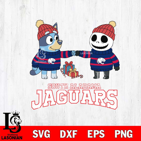 South Alabama Jaguars Bluey With Jack Skellington Christmas File Cut, NCAA SVG DXF EPS PNG FILE, Digital Download,Instant Download, Silhouette