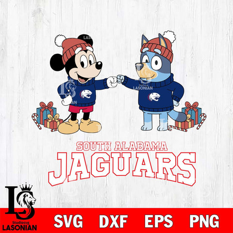 South Alabama Jaguars Bluey With Mickey Christmas File Cut, NCAA SVG DXF EPS PNG FILE, Digital Download,Instant Download, Silhouette