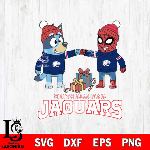 South Alabama Jaguars Bluey With Spider man Christmas File Cut, NCAA SVG DXF EPS PNG FILE, Digital Download,Instant Download, Silhouette