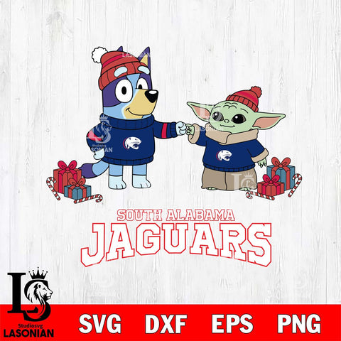 South Alabama Jaguars Bluey With Yoda Christmas File Cut, NCAA SVG DXF EPS PNG FILE, Digital Download,Instant Download, Silhouette