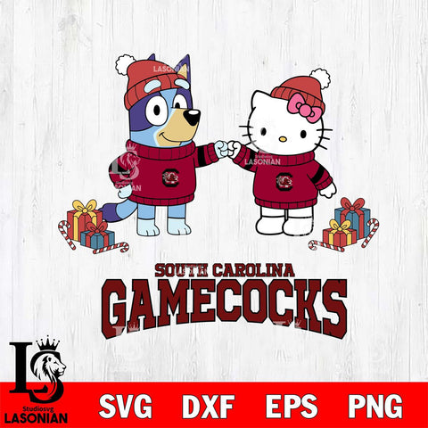 South Carolina Gamecocks Bluey With Hello kitty Christmas File Cut, NCAA SVG DXF EPS PNG FILE, Digital Download,Instant Download, Silhouette