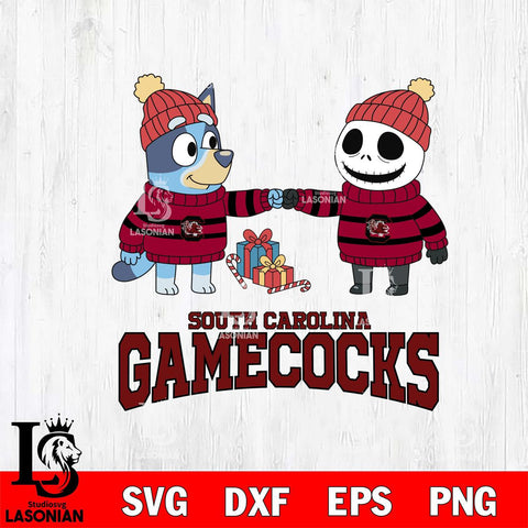 South Carolina Gamecocks Bluey With Jack Skellington Christmas File Cut, NCAA SVG DXF EPS PNG FILE, Digital Download,Instant Download, Silhouette