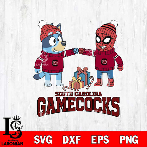 South Carolina Gamecocks Bluey With Spider man Christmas File Cut, NCAA SVG DXF EPS PNG FILE, Digital Download,Instant Download, Silhouette