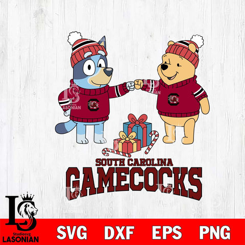 South Carolina Gamecocks Bluey With Winnie The Pooh Christmas File Cut, NCAA SVG DXF EPS PNG FILE, Digital Download,Instant Download, Silhouette