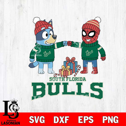 South Florida Bulls Bluey With Spider man Christmas File Cut, NCAA SVG DXF EPS PNG FILE, Digital Download,Instant Download, Silhouette