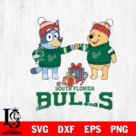 South Florida Bulls Bluey With Winnie The Pooh Christmas File Cut, NCAA SVG DXF EPS PNG FILE, Digital Download,Instant Download, Silhouette