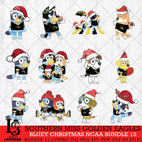 Southern Miss Golden Eagles Bluey Christmas NCAA Bundle 12 SVG Eps Dxf Png File, Digital Download, Instant Download