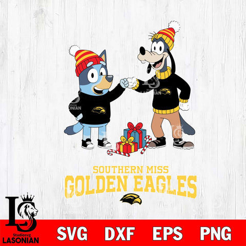 Southern Miss Golden Eagles Bluey With Goofy Christmas File Cut, NCAA SVG DXF EPS PNG FILE, Digital Download,Instant Download, Silhouette