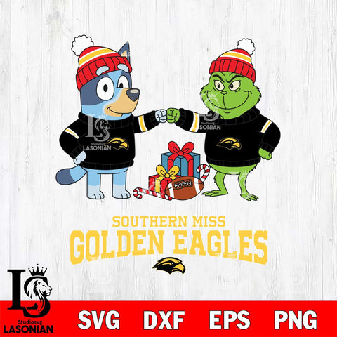 Southern Miss Golden Eagles Bluey With Grinch Christmas File Cut, NCAA SVG DXF EPS PNG FILE, Digital Download,Instant Download, Silhouette