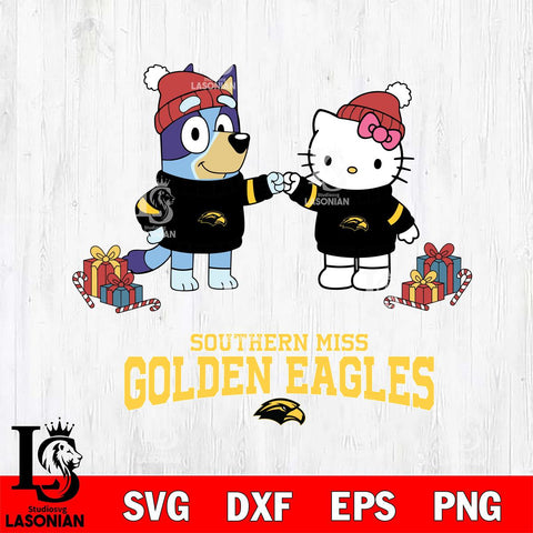 Southern Miss Golden Eagles Bluey With Hello kitty Christmas File Cut, NCAA SVG DXF EPS PNG FILE, Digital Download,Instant Download, Silhouette