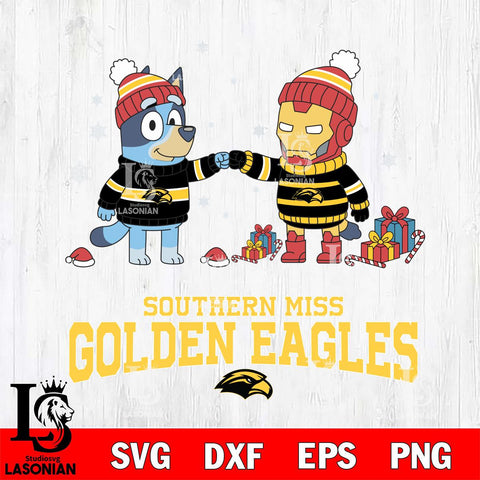 Southern Miss Golden Eagles Bluey With Iron man Christmas File Cut, NCAA SVG DXF EPS PNG FILE, Digital Download,Instant Download, Silhouette