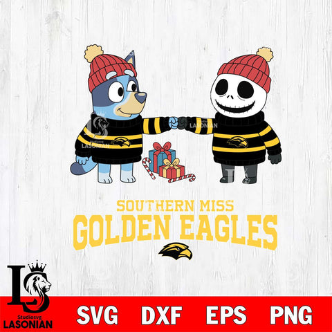 Southern Miss Golden Eagles Bluey With Jack Skellington Christmas File Cut, NCAA SVG DXF EPS PNG FILE, Digital Download,Instant Download, Silhouette
