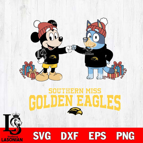 Southern Miss Golden Eagles Bluey With Mickey Christmas File Cut, NCAA SVG DXF EPS PNG FILE, Digital Download,Instant Download, Silhouette