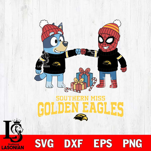 Southern Miss Golden Eagles Bluey With Spider man Christmas File Cut, NCAA SVG DXF EPS PNG FILE, Digital Download,Instant Download, Silhouette