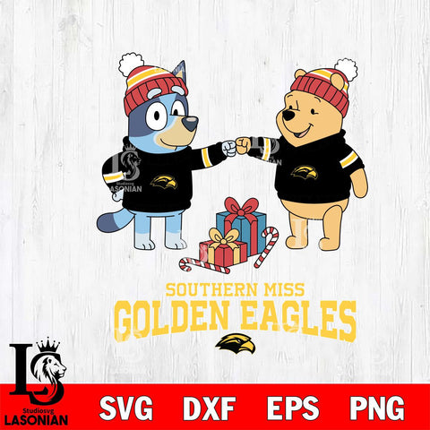 Southern Miss Golden Eagles Bluey With Winnie The Pooh Christmas File Cut, NCAA SVG DXF EPS PNG FILE, Digital Download,Instant Download, Silhouette