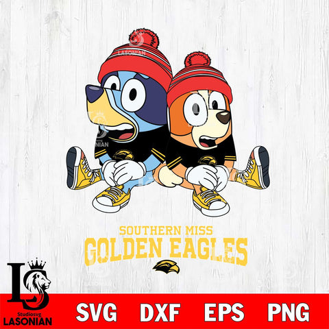 Southern Miss Golden Eagles Christmas Bluey & Bingo Sit Cut Files,Bluey Cricut,Christmas Svg , Bluey svg , Digital Download, dxf eps png pdf file
