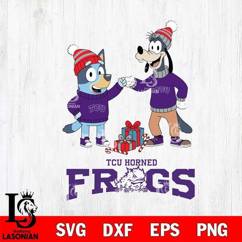 TCU Horned Frogs Bluey With Goofy Christmas File Cut, NCAA SVG DXF EPS PNG FILE, Digital Download,Instant Download, Silhouette