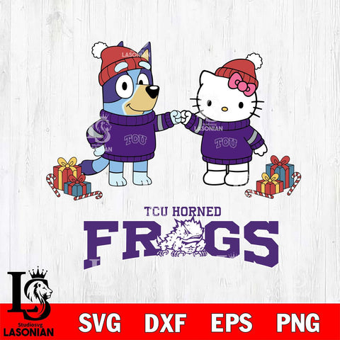 TCU Horned Frogs Bluey With Hello kitty Christmas File Cut, NCAA SVG DXF EPS PNG FILE, Digital Download,Instant Download, Silhouette