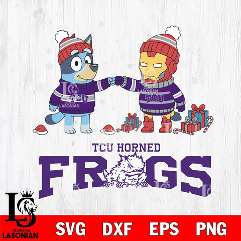 TCU Horned Frogs Bluey With Iron man Christmas File Cut, NCAA SVG DXF EPS PNG FILE, Digital Download,Instant Download, Silhouette