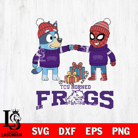 TCU Horned Frogs Bluey With Spider man Christmas File Cut, NCAA SVG DXF EPS PNG FILE, Digital Download,Instant Download, Silhouette