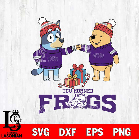 TCU Horned Frogs Bluey With Winnie The Pooh Christmas File Cut, NCAA SVG DXF EPS PNG FILE, Digital Download,Instant Download, Silhouette