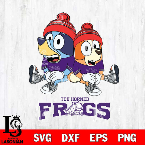 TCU Horned Frogs Christmas Bluey & Bingo Sit Cut Files,Bluey Cricut,Christmas Svg , Bluey svg , Digital Download, dxf eps png pdf file