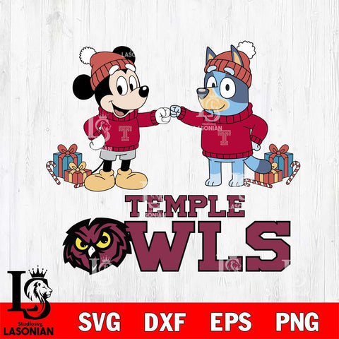 Temple Owls Bluey With Mickey Christmas File Cut, NCAA SVG DXF EPS PNG FILE, Digital Download,Instant Download, Silhouette