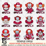 Temple Owls  Pennywise Horror NCAA Bundle 12 SVG Svg Eps Dxf Png File, Digital Download
