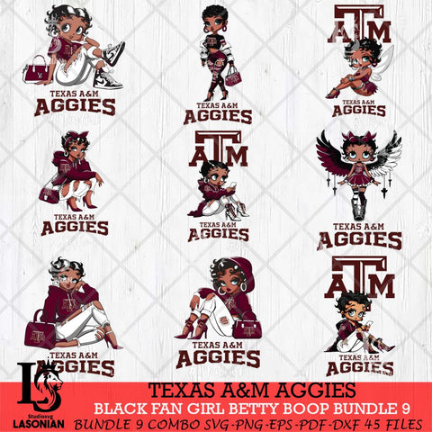 Texas A&M Aggies Black Fan Girl Betty Boop Bundle 9, Svg Eps Dxf Png File, Digital Download