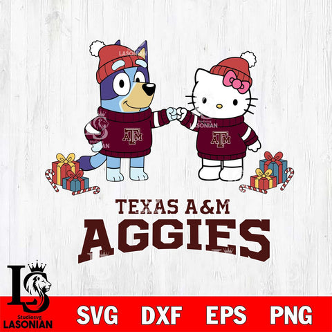 Texas A&M Aggies Bluey With Hello kitty Christmas File Cut, NCAA SVG DXF EPS PNG FILE, Digital Download,Instant Download, Silhouette