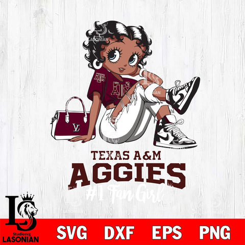 Texas A&M Aggies #1 Black Fan Girl Betty Boop, Svg Eps Dxf Png File, Digital Download