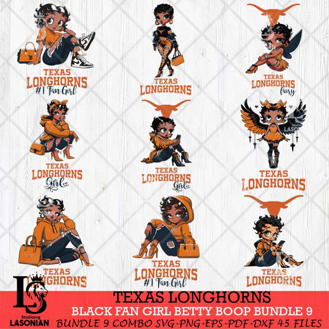 Texas Longhorns Black Fan Girl Betty Boop Bundle 9, Svg Eps Dxf Png File, Digital Download
