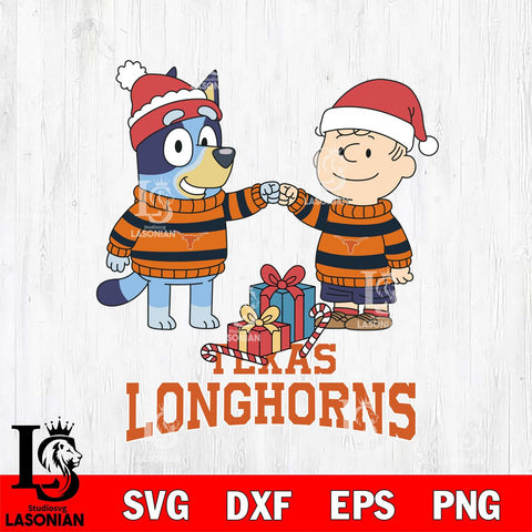 Texas Longhorns Bluey With Charlie Brown Christmas File Cut, NCAA SVG DXF EPS PNG FILE, Digital Download,Instant Download, Silhouette