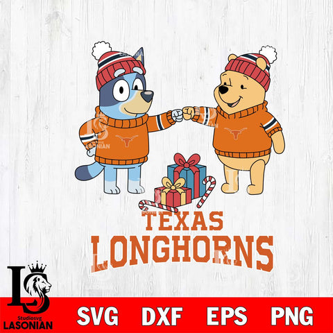 Texas Longhorns Bluey With Winnie The Pooh Christmas File Cut, NCAA SVG DXF EPS PNG FILE, Digital Download,Instant Download, Silhouette