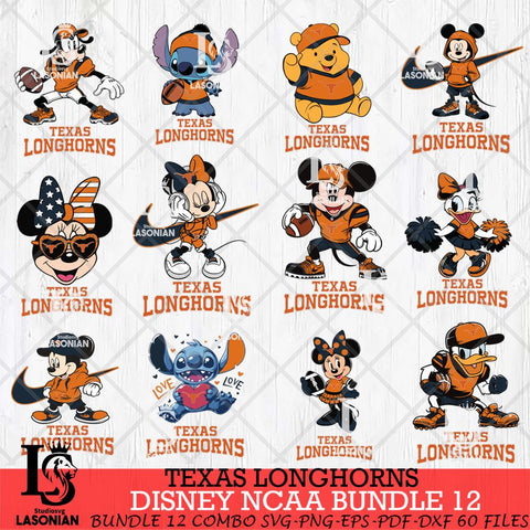 Texas Longhorns Disney NCAA Bundle Svg PNG 12 Svg Eps Dxf Png File, Digital Download