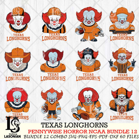Texas Longhorns  Pennywise Horror NCAA Bundle 12 SVG Svg Eps Dxf Png File, Digital Download