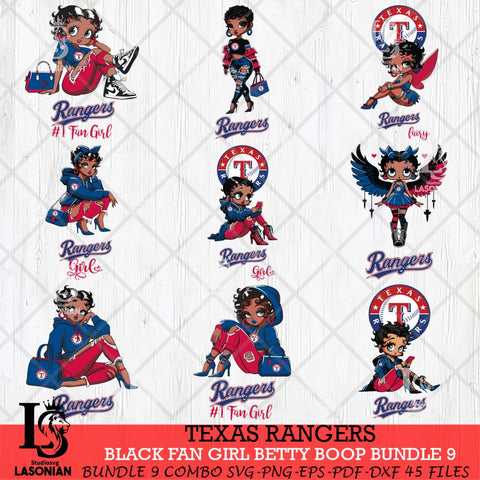 Texas Rangers Black Fan Girl Betty Boop Bundle 9, Svg Eps Dxf Png File, Digital Download