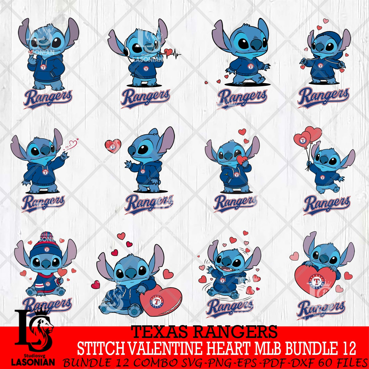 Texas Rangers Stitch Valentine Heart MLB Bundle File cut , Criucut ...