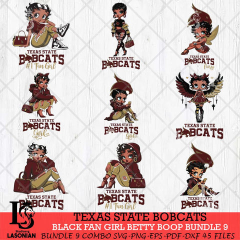 Texas State Bobcats Black Fan Girl Betty Boop Bundle 9, Svg Eps Dxf Png File, Digital Download